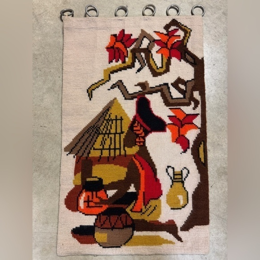 Vintage MCM Handmade Needlepoint Crewel Tapestry African Wall Hanging Art Decor